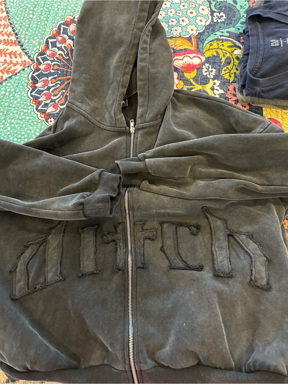 COLE HENRY  Washed Black Zip-Up Hoodie with Distressed Appliqué